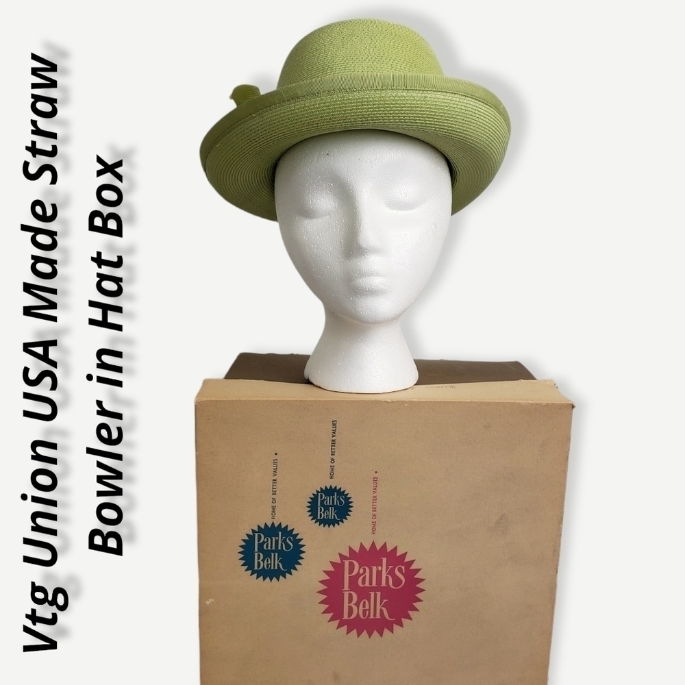 Vintage Straw Bowler Hat Apple Green Union USA Made in Hat Box EUC
